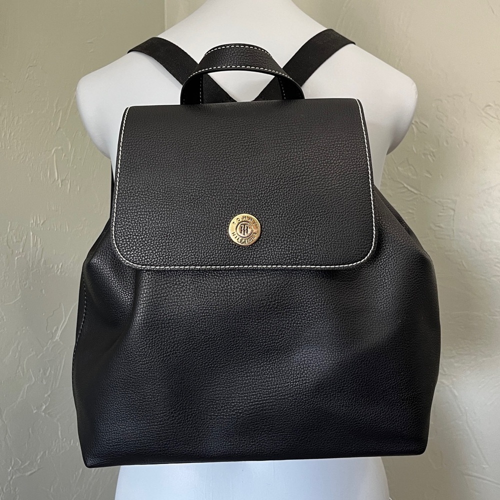 Tommy Hilfiger Black Faux Leather Backpack Purse Bag nwot